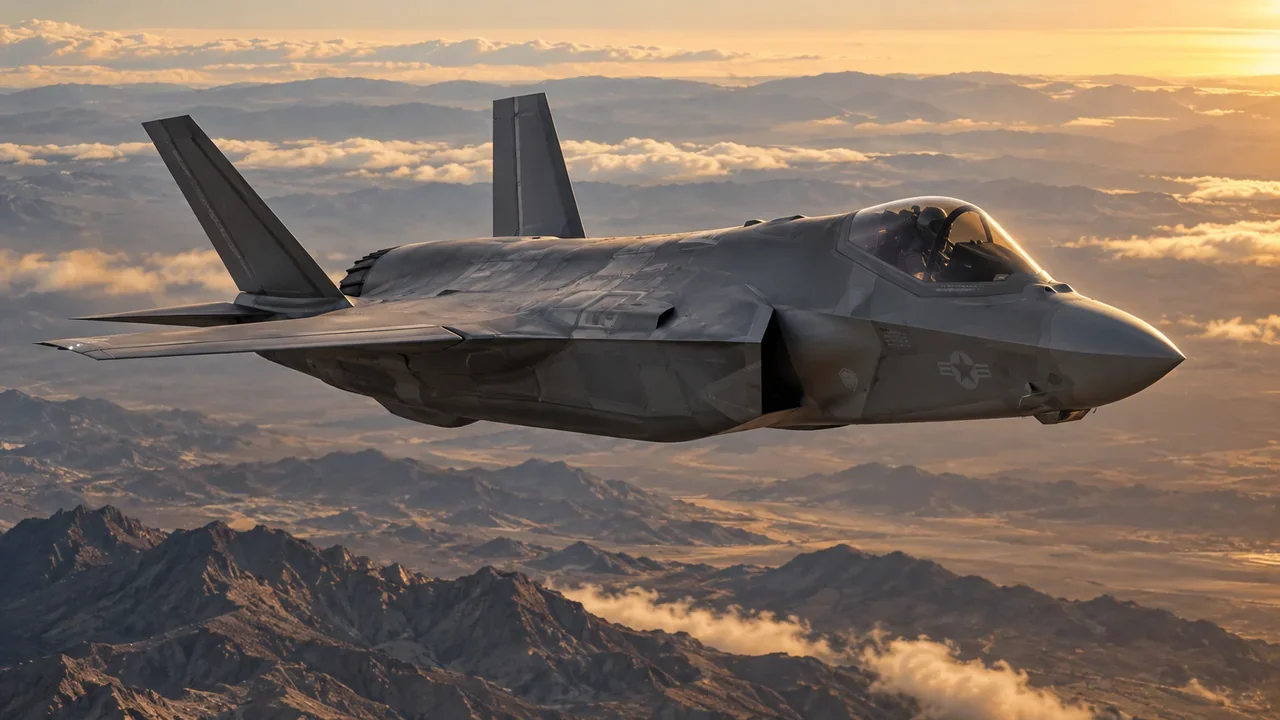 A United States F-35A Lightning II fighter in flight over mountainous terrain.