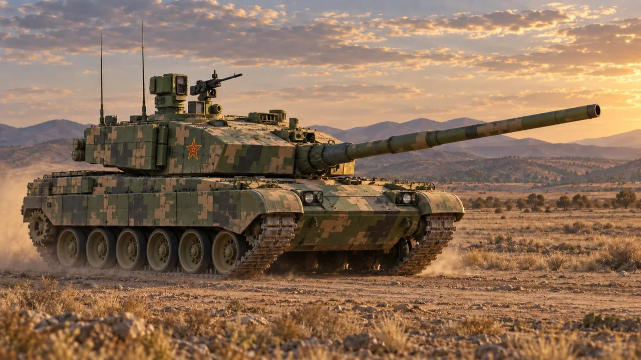 A Chinese Type 99A main battle tank crossing open terrain.