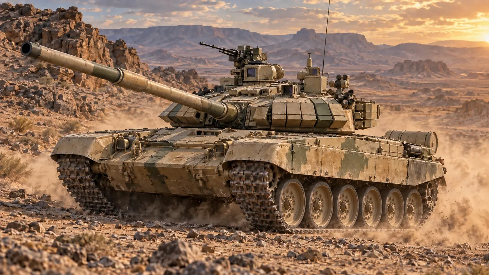 Original illustration of an Algerian T-90SA main battle tank maneuvering through a rocky desert training area.