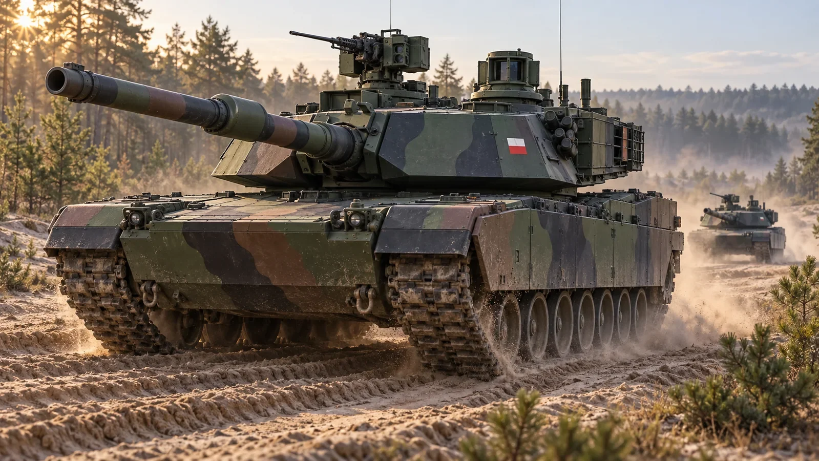 MPR illustration of a Polish M1A2 SEPv3 Abrams tank moving along a sandy woodland track.