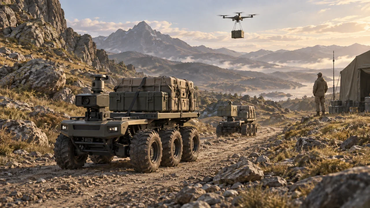 Future-oriented concept illustration of unarmed cargo robots and a supply drone in a rugged landscape.
