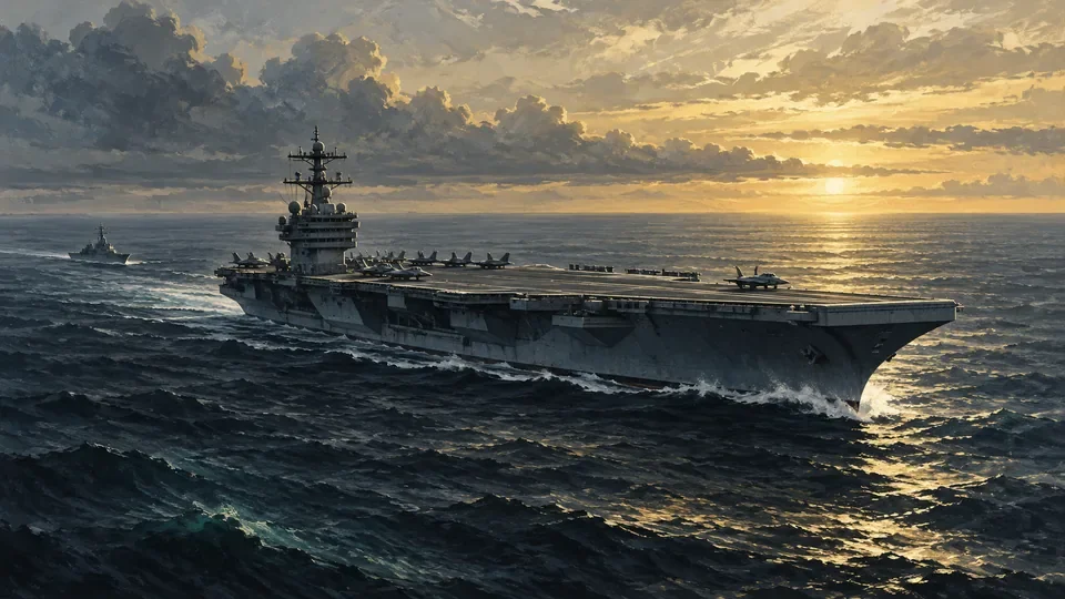 Editorial illustration of a generic aircraft carrier and escort at sea.
