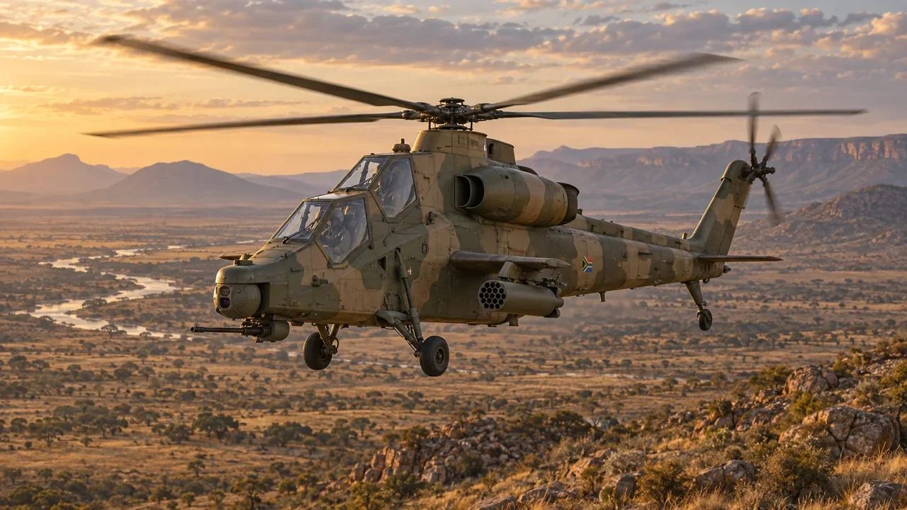 A South African Rooivalk attack helicopter in flight, showing its tandem cockpit and stub wings.