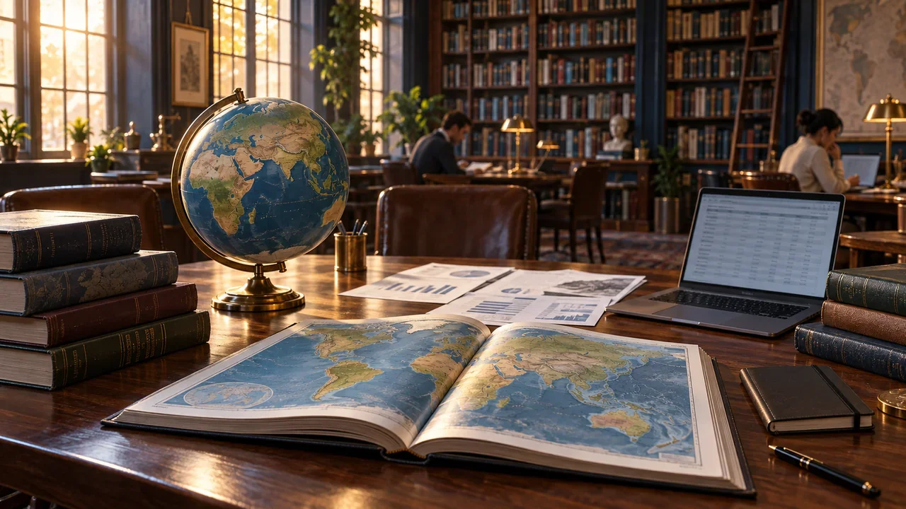 A military research library with an open atlas, reference books, printed reports and a laptop arranged on a long reading table.
