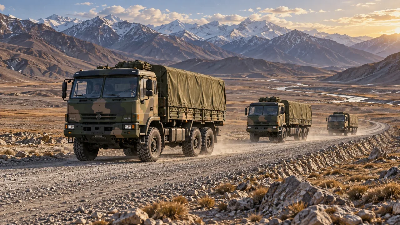 A military logistics convoy on a Tibetan plateau road in an MPR conceptual scene.