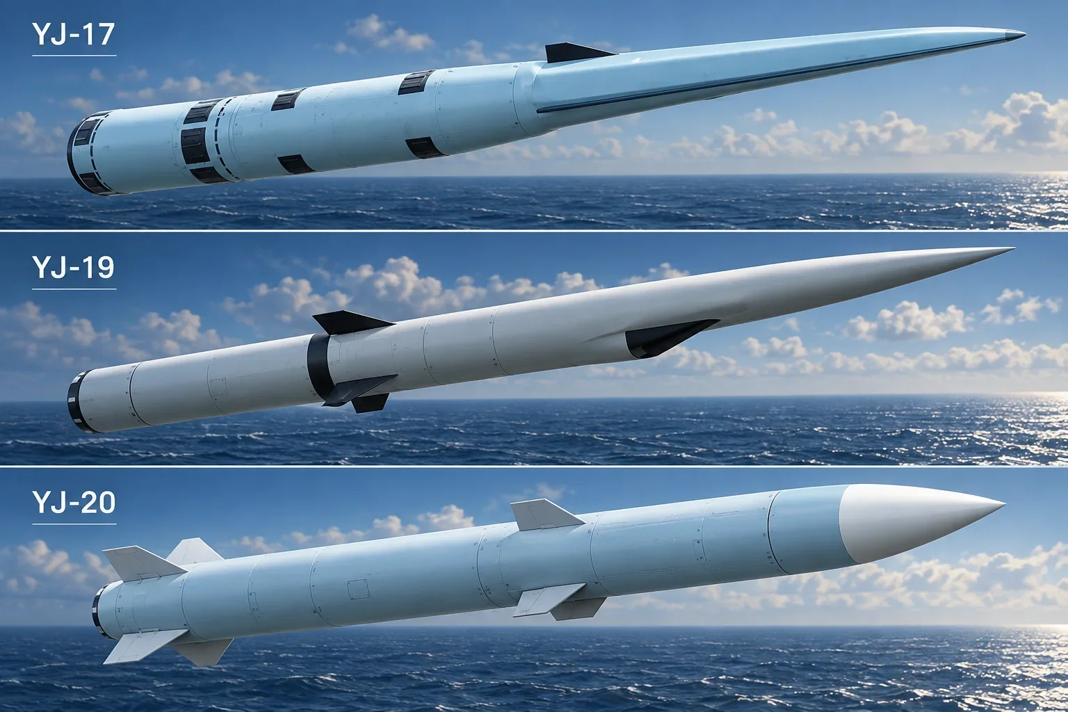 Three-panel illustration identifying the YJ-17, YJ-19 and YJ-20 hypersonic anti-ship missiles