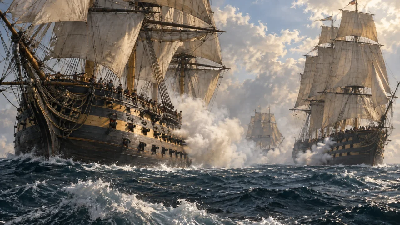 Interpretive scene of wooden ships of the line under square sails amid cannon smoke at Trafalgar in 1805.