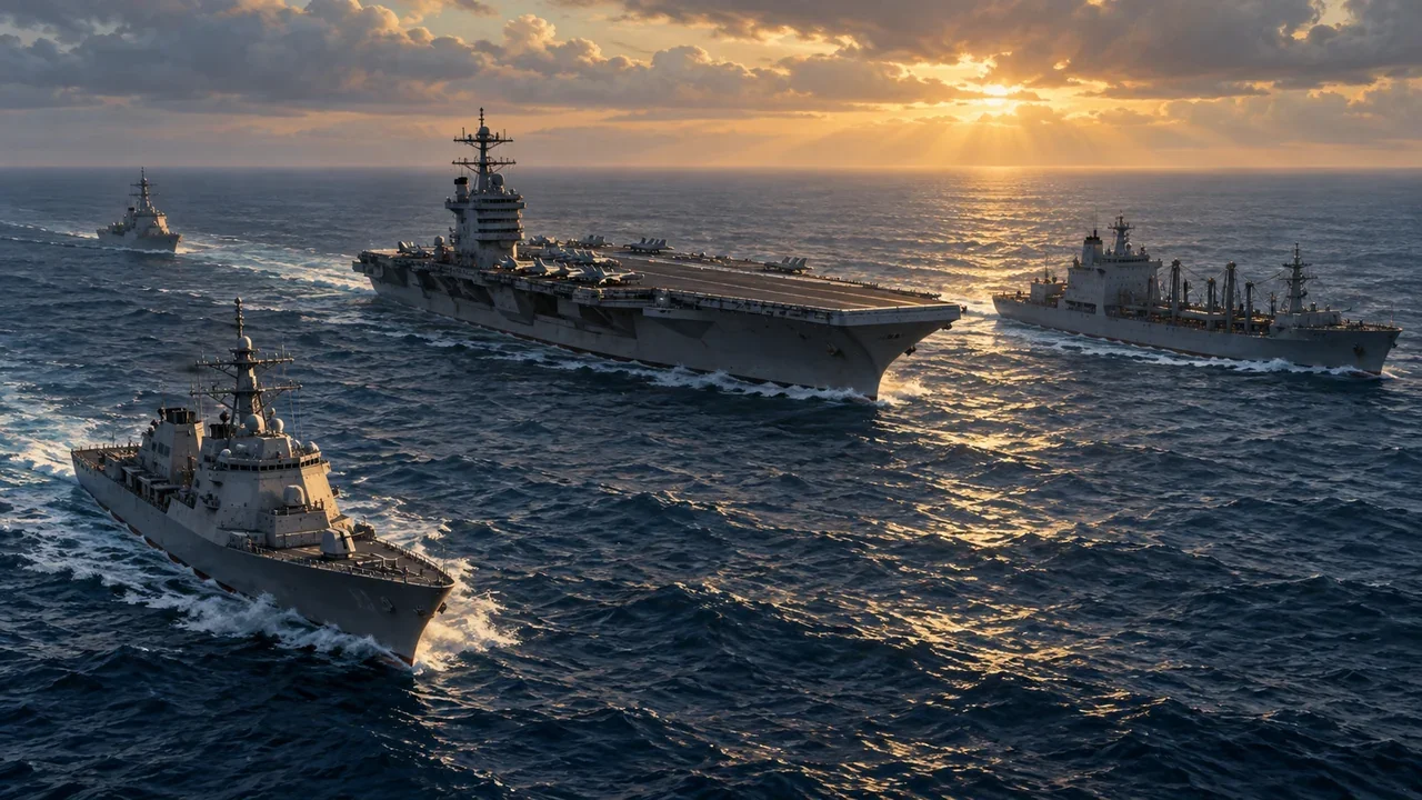 Conceptual illustration of an open-ocean fleet with a large-deck vessel, escorts and a replenishment ship.