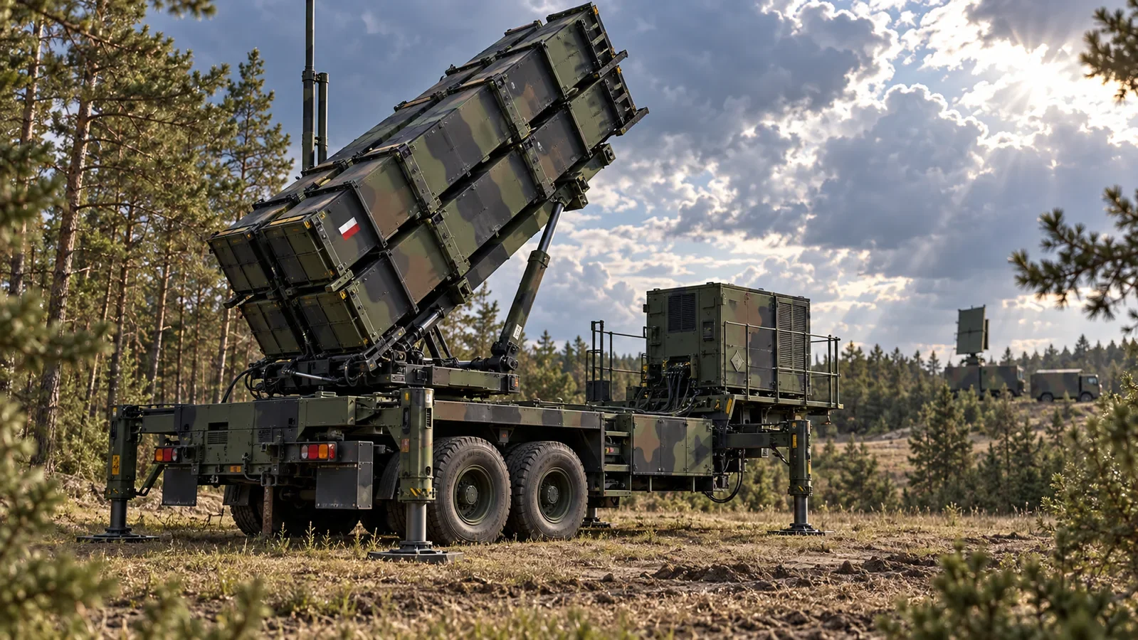 MPR illustration of a Polish Wisła Patriot launcher with raised missile canisters at a woodland position.
