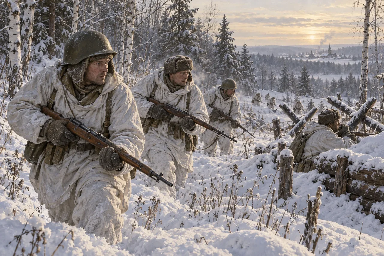 Illustration of Soviet infantry in white winter camouflage moving through snow near Moscow.