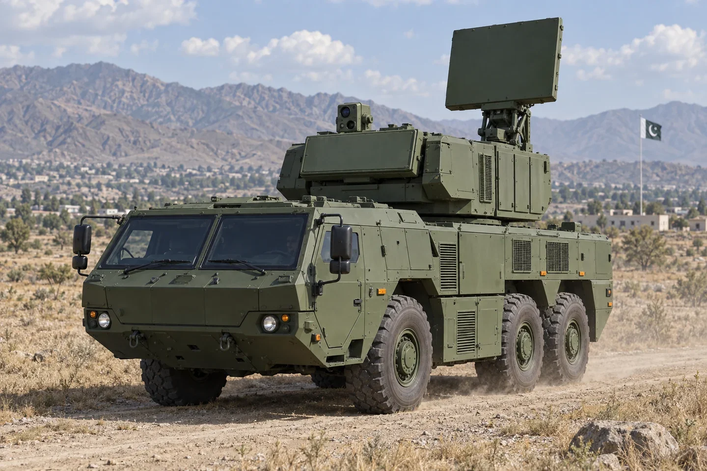 MPR illustration of an HQ-17AE wheeled short-range air-defense vehicle with its radar raised.