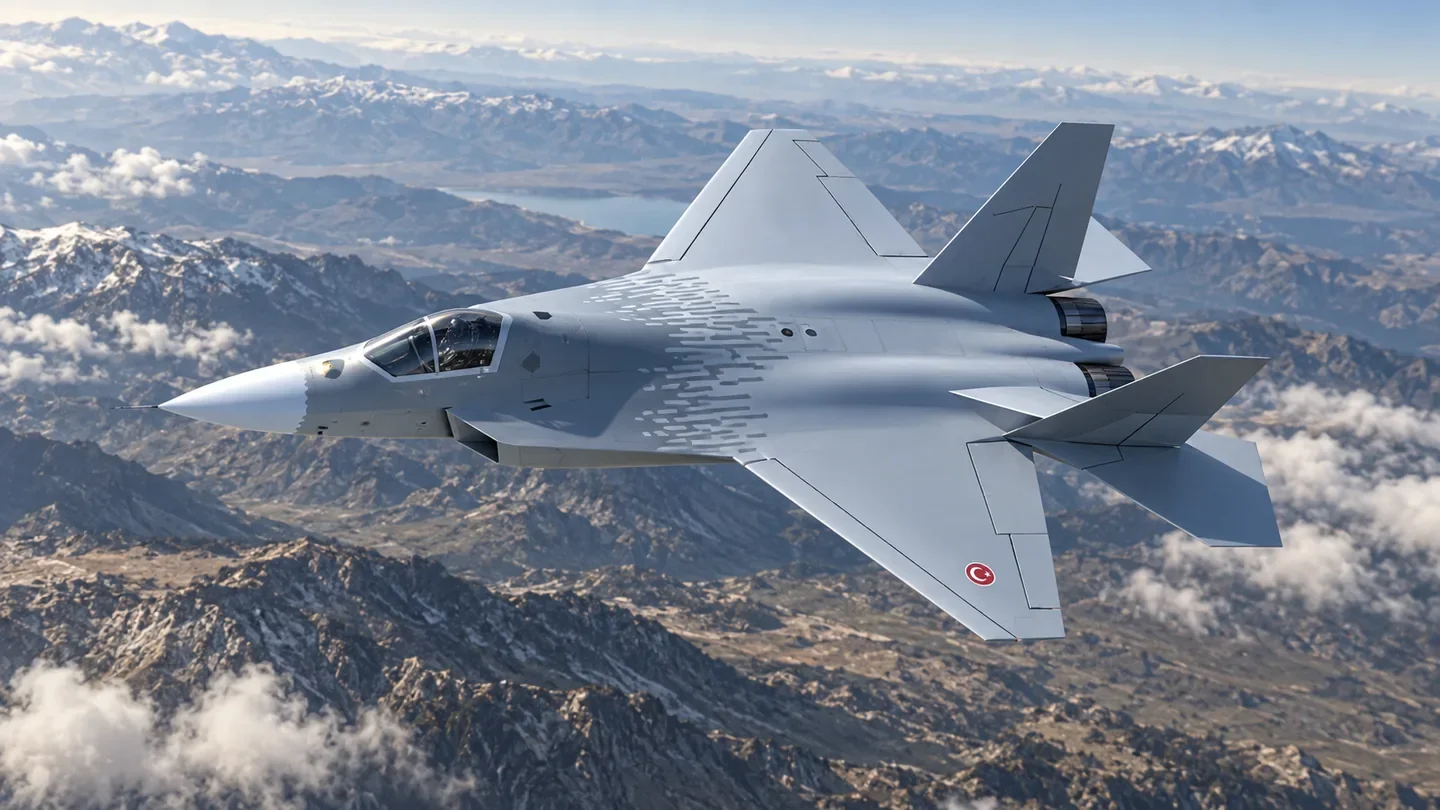 MPR illustration of the KAAN fighter prototype in flight above Anatolian mountains