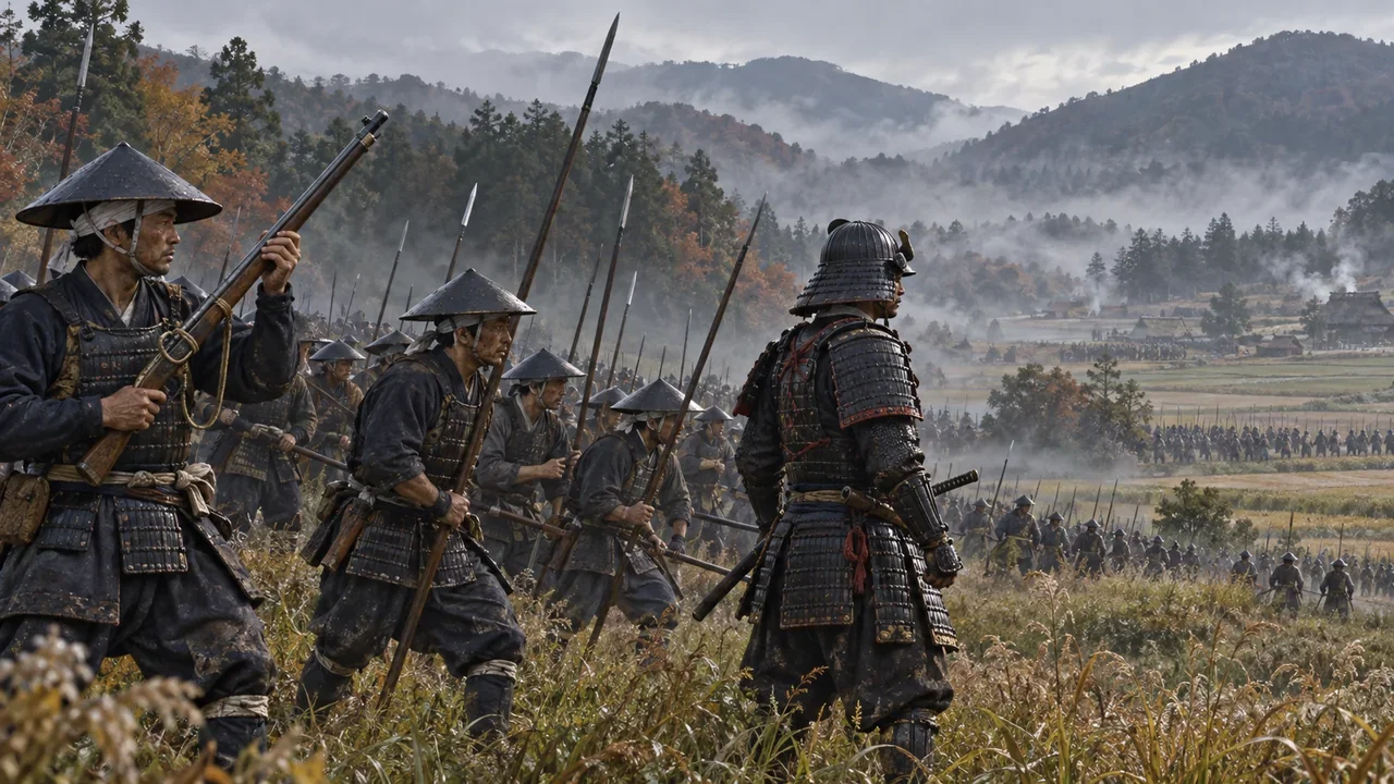 Interpretive illustration of Japanese ashigaru and armored warriors in the misty fields and wooded hills of Sekigahara in 1600.