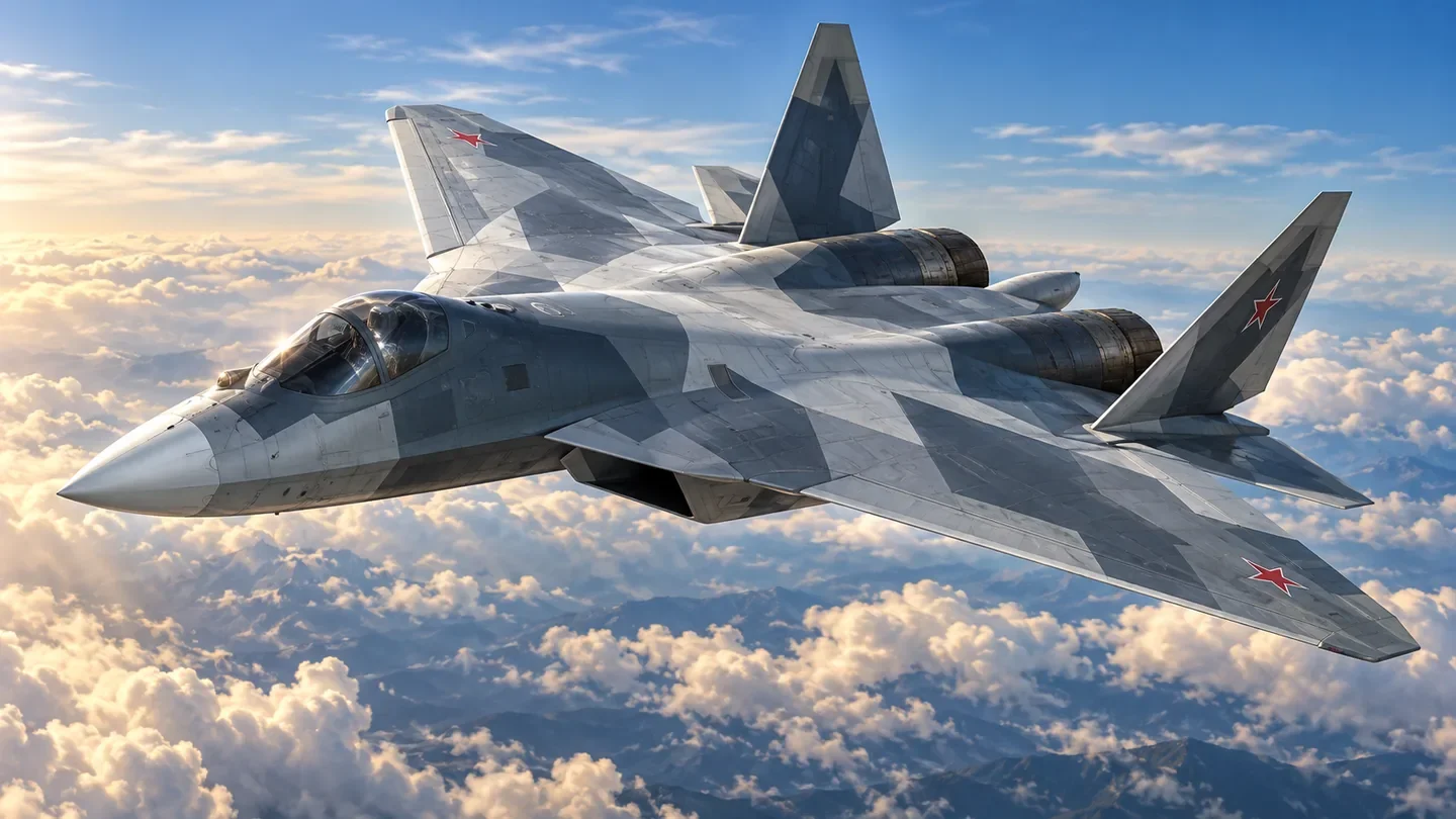 Illustration of a Su-57 fighter banking above clouds, showing its twin engines and angular camouflage.
