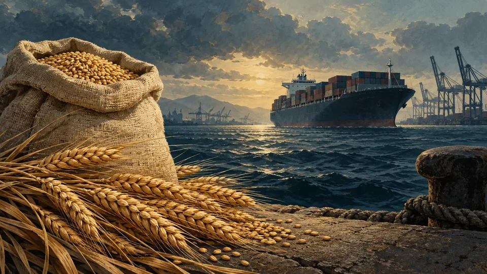 Illustrated wheat and grain beside a distant cargo ship.