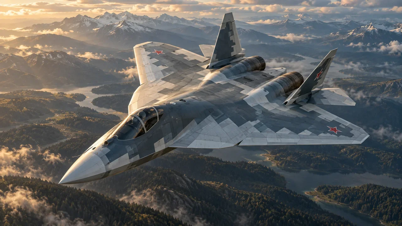 A Russian Su-57 fighter in flight, showing its broad blended wings and twin-engine configuration.