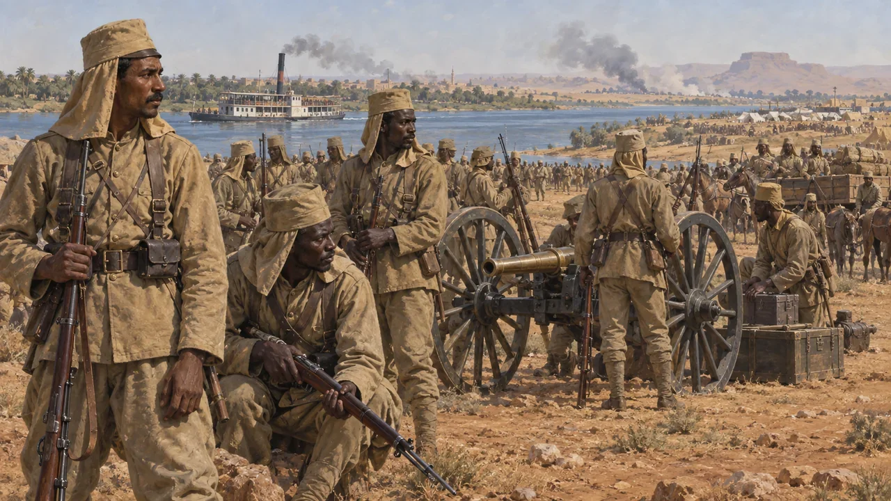 Egyptian and Sudanese soldiers in khaki beside a field gun, with a Nile steamer beyond, in an interpretive 1898 Omdurman scene.