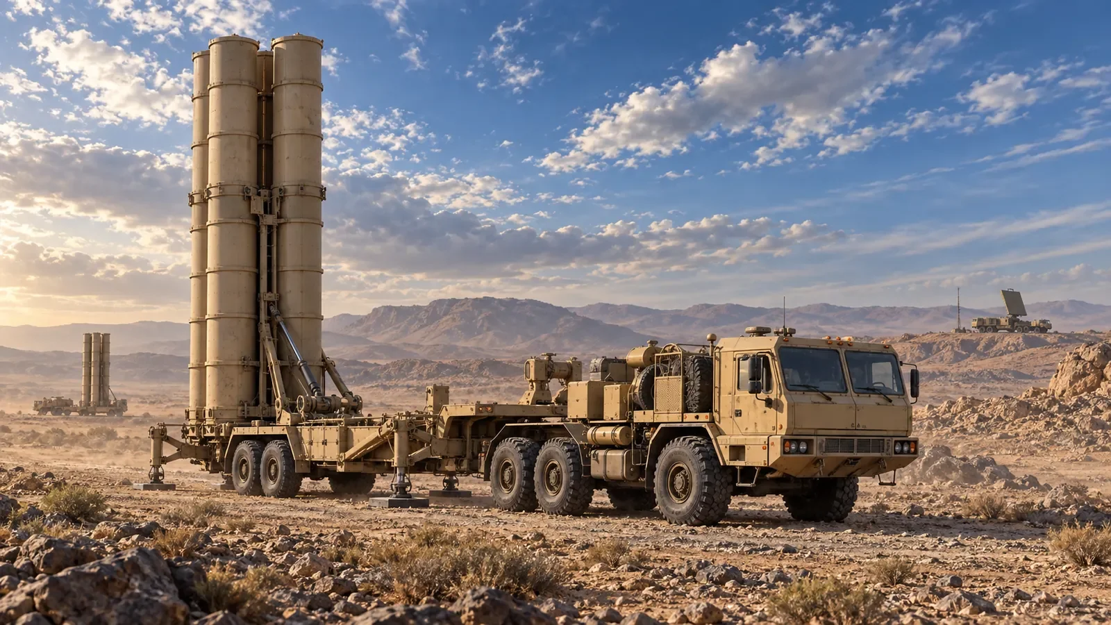 Original illustration of an Algerian S-300PMU2 air-defence battery deployed on a desert training range.