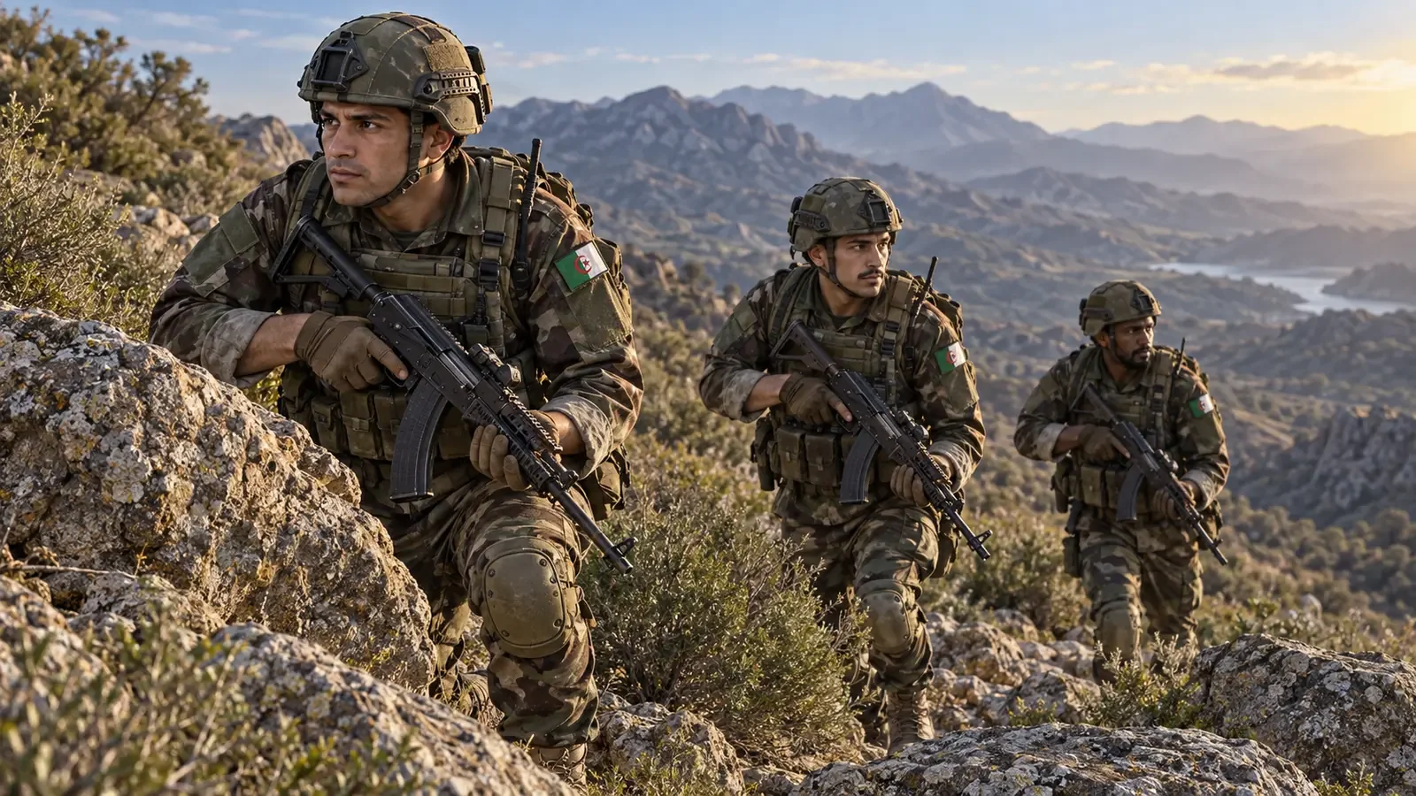 Original illustration of three Algerian special-forces operators conducting a patrol exercise in rocky scrubland.