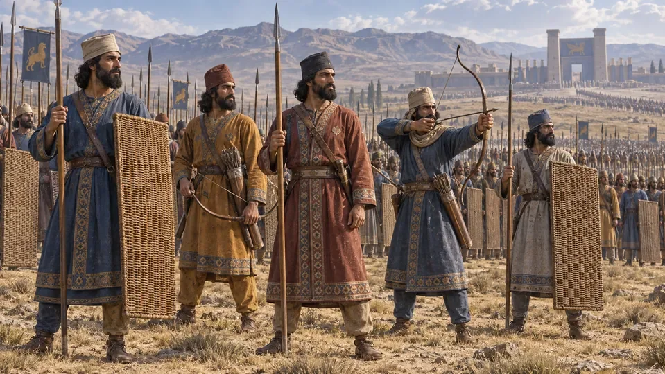 Illustration of Achaemenid Persian infantry with spears, bows and shields.