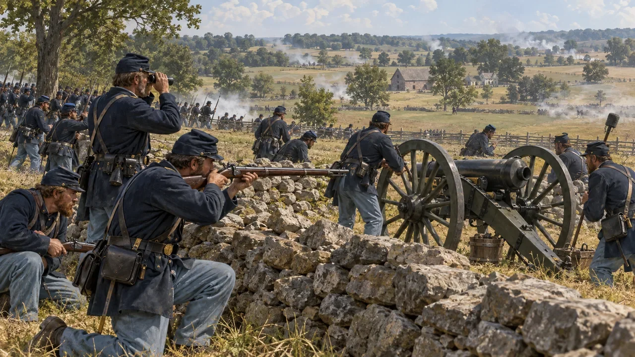 Union soldiers and a field cannon by a low stone wall in a summer landscape at Gettysburg in 1863.