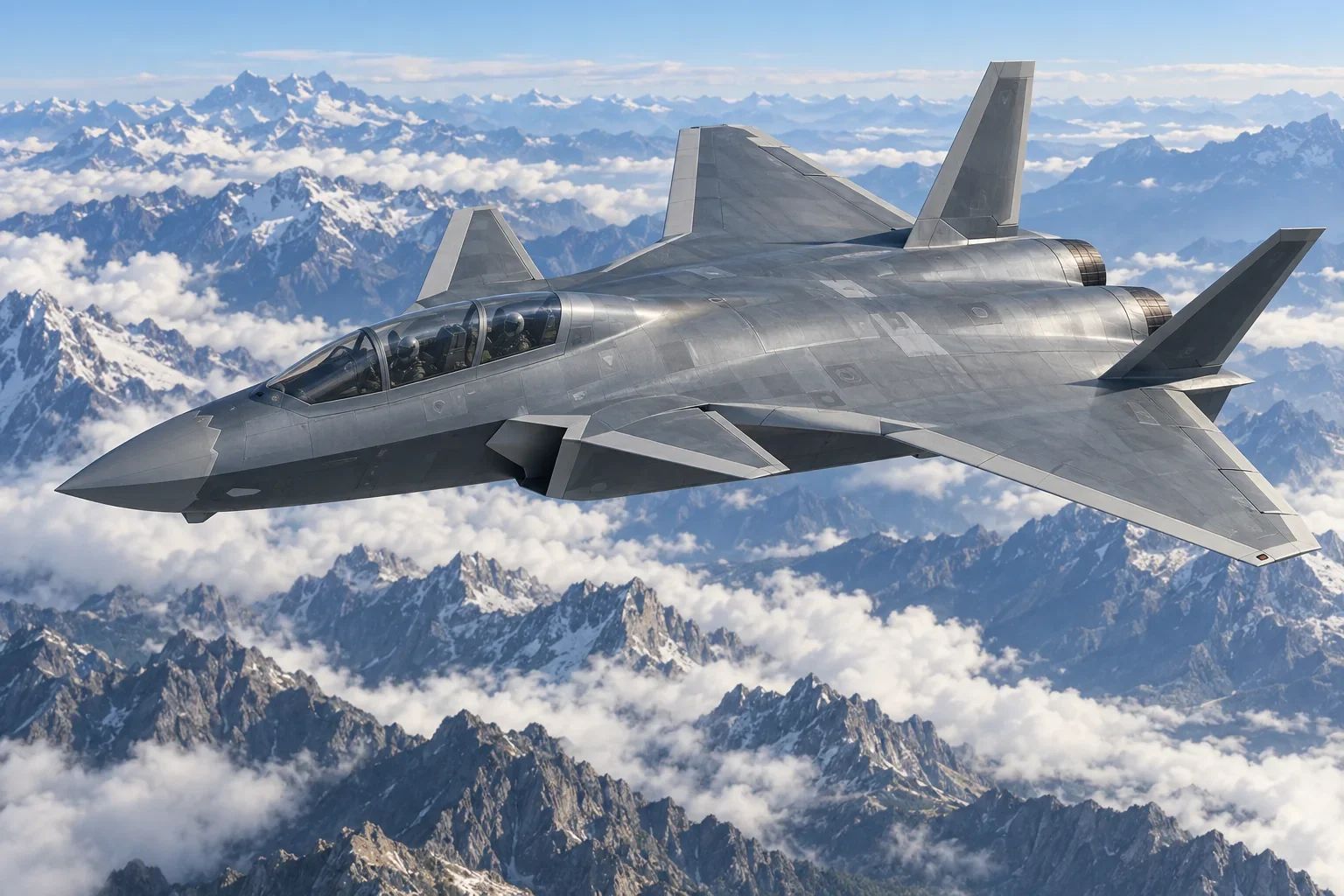 Illustration of a J-20S twin-seat stealth fighter flying above mountainous terrain