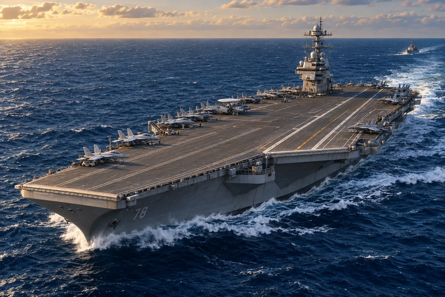 Illustration of USS Gerald R. Ford underway, showing the flight deck, starboard island and embarked aircraft
