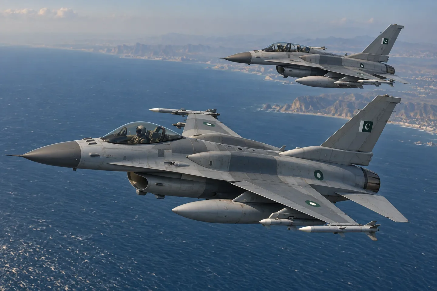 MPR illustration of Pakistan Air Force F-16C and F-16D fighters flying above a coastline.