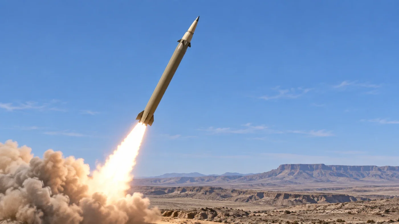 Illustration of an Iranian Qassem Basir solid-fuel ballistic missile launching