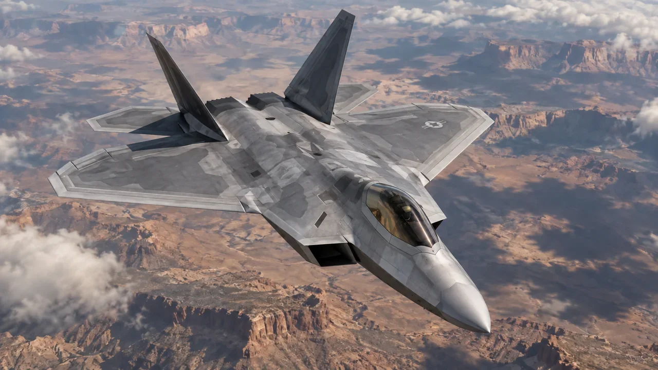 An American F-22 Raptor air-superiority fighter in an MPR illustration.