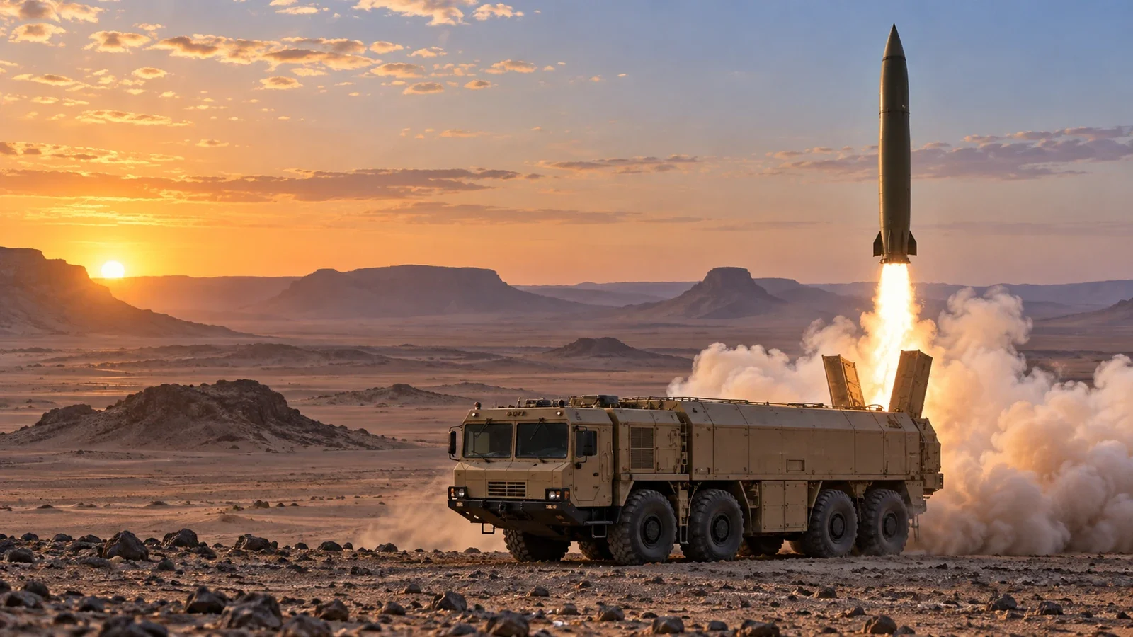 Original illustration of an Algerian Iskander-E missile launch during an imagined desert training exercise.