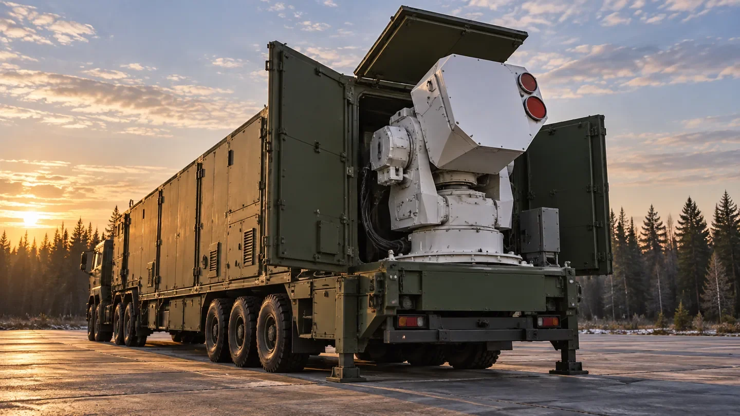 Illustration of a deployed Peresvet system with its white optical head raised from an olive-drab equipment trailer.