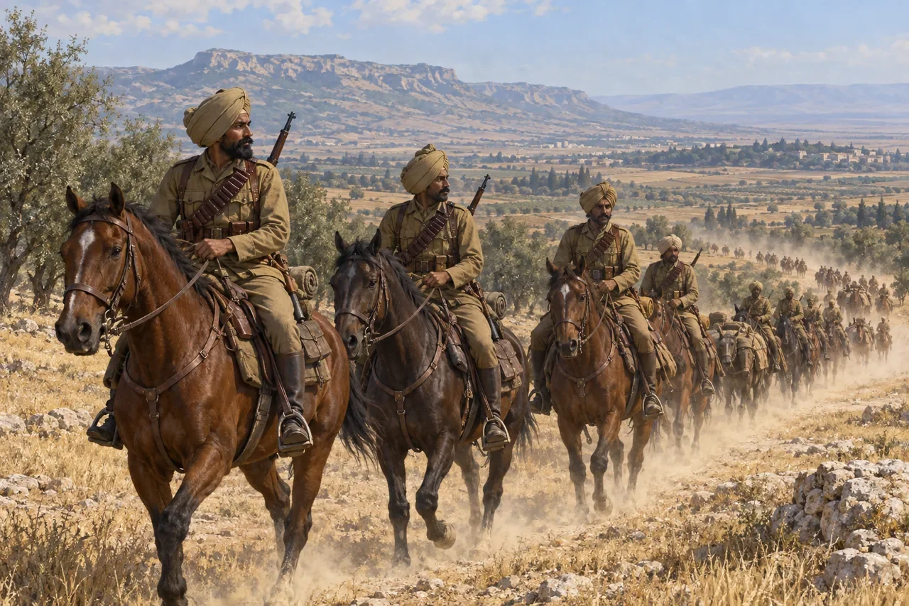 Indian mounted cavalry wearing turbans advance across a dry plain.