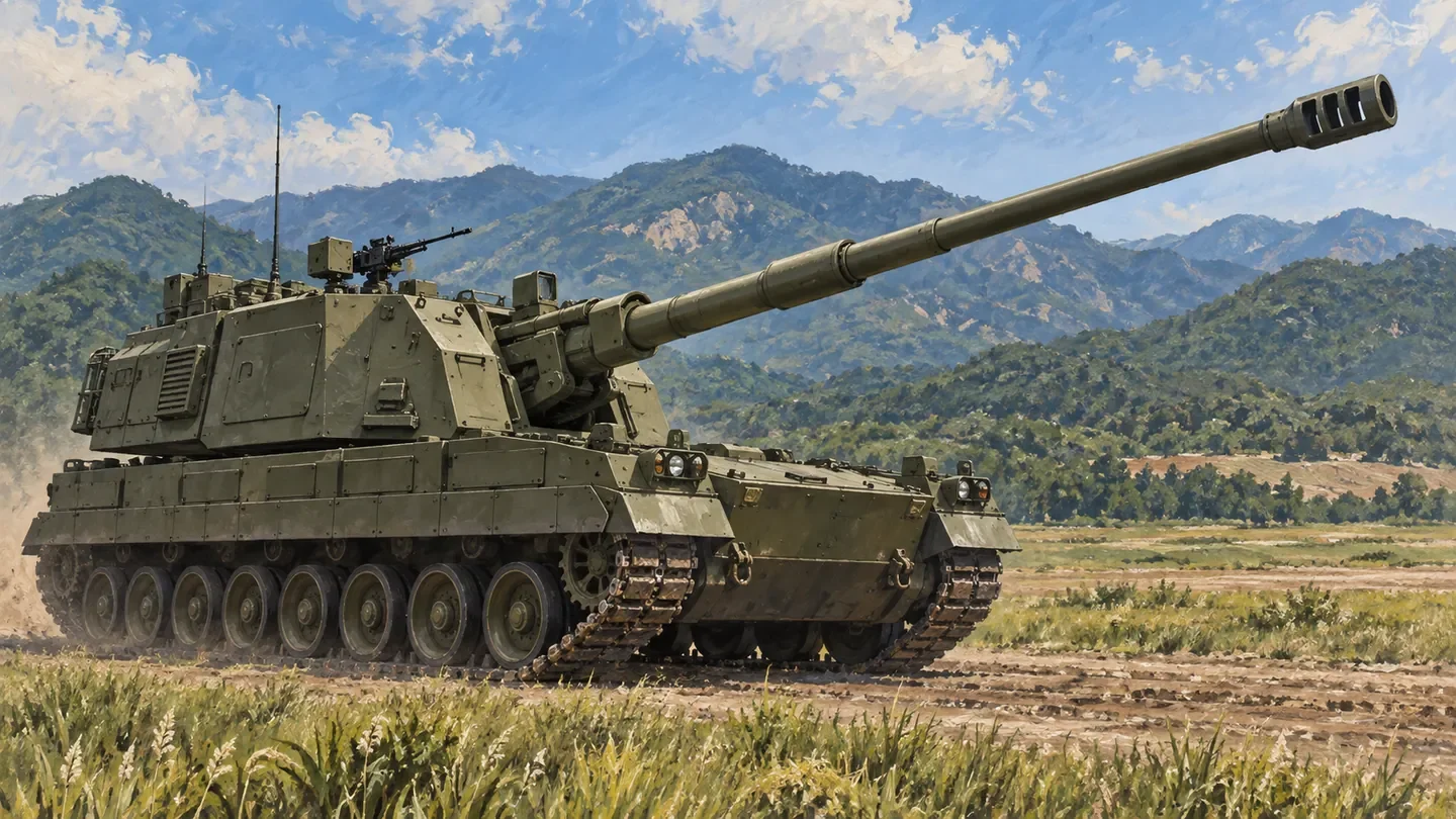 Illustration of an olive-green tracked self-propelled howitzer on a grassy exercise ground.