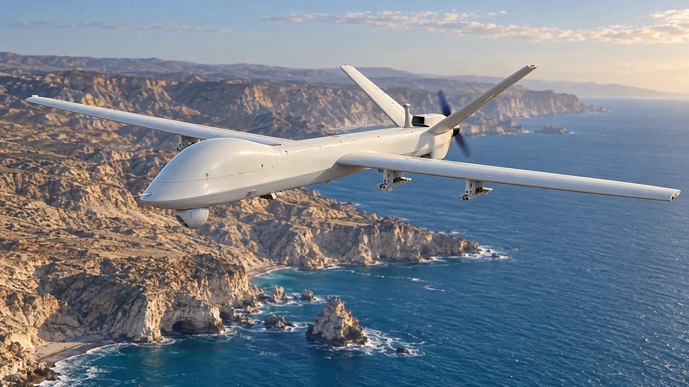 Illustration of an Iranian Mohajer-10 reconnaissance and strike drone in flight
