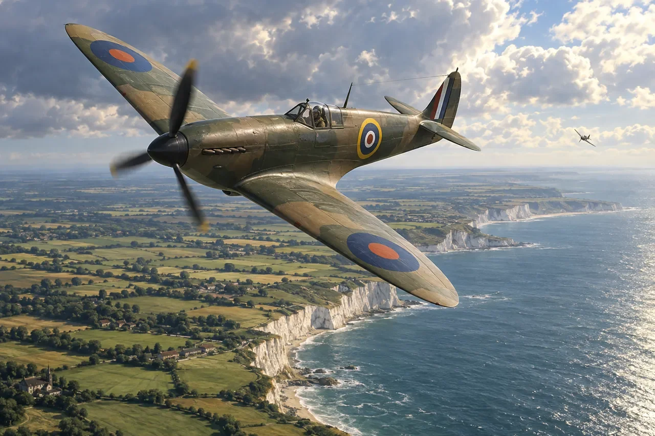 Illustration of Royal Air Force fighters in flight during the Battle of Britain.