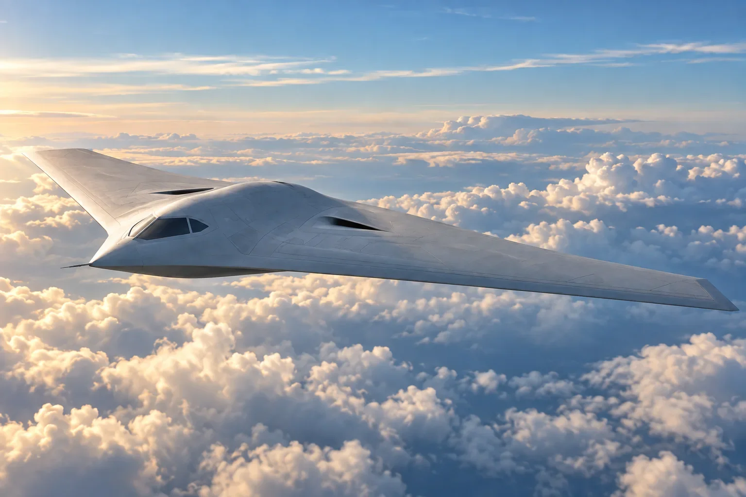 Illustration of a B-21 Raider flight-test aircraft, with a broad flying-wing planform and recessed engine inlets