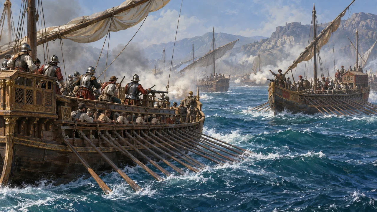 Interpretive illustration of sixteenth-century Mediterranean oared galleys converging in the waters near Lepanto in 1571.