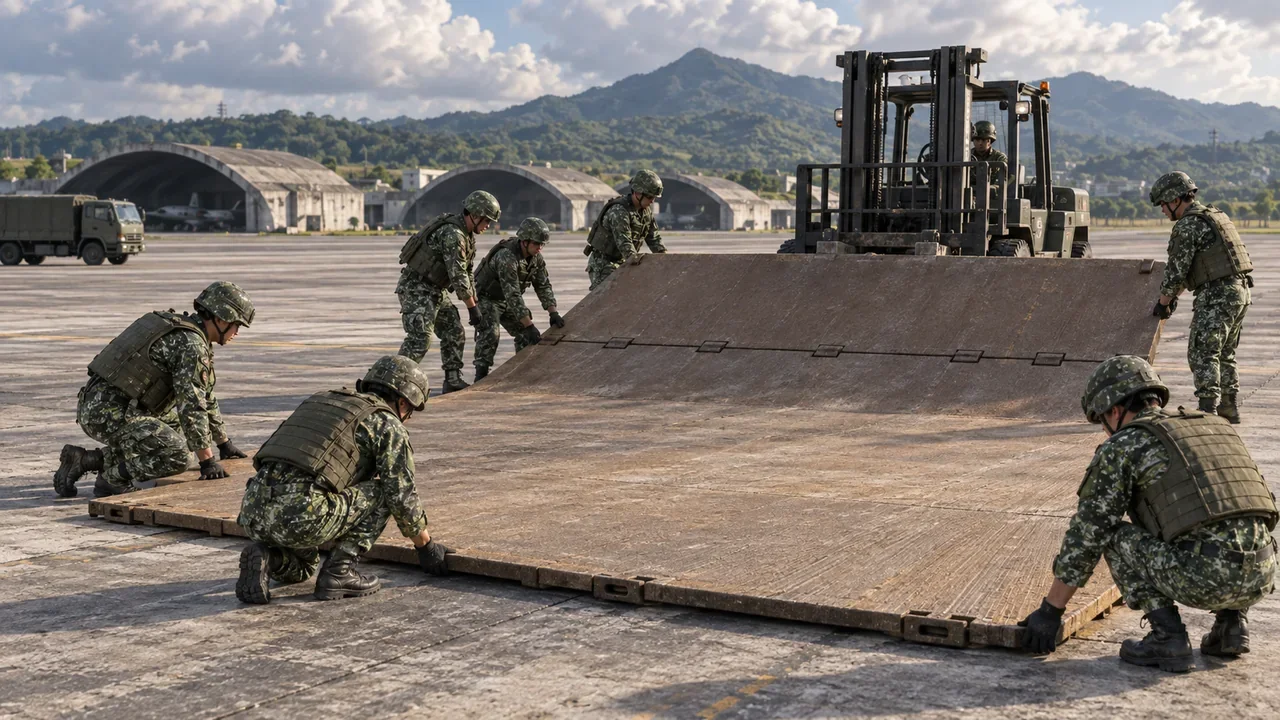 Taiwanese military engineers work together to position a broad repair mat on an airfield, with a forklift and support vehicle nearby.