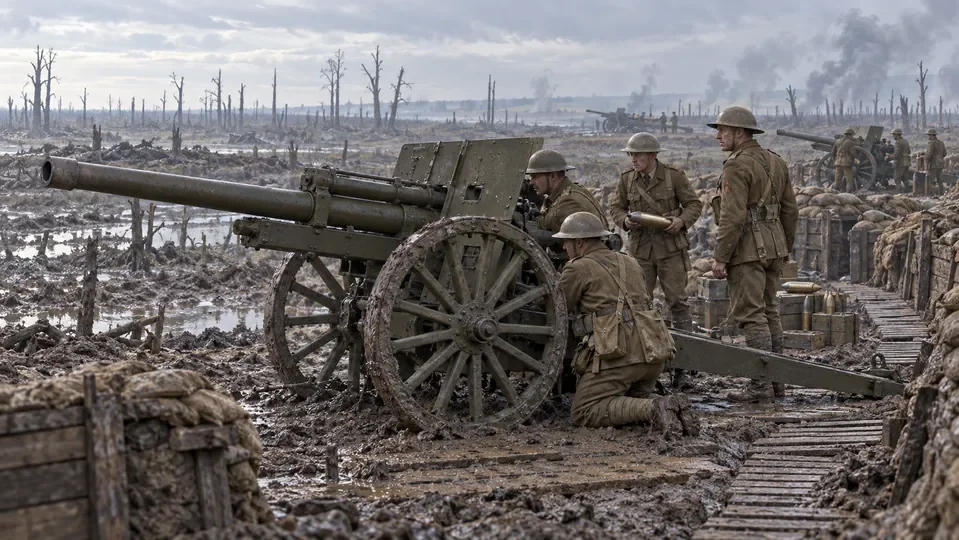 Illustration of World War I field artillery beside trenches on a scarred battlefield.