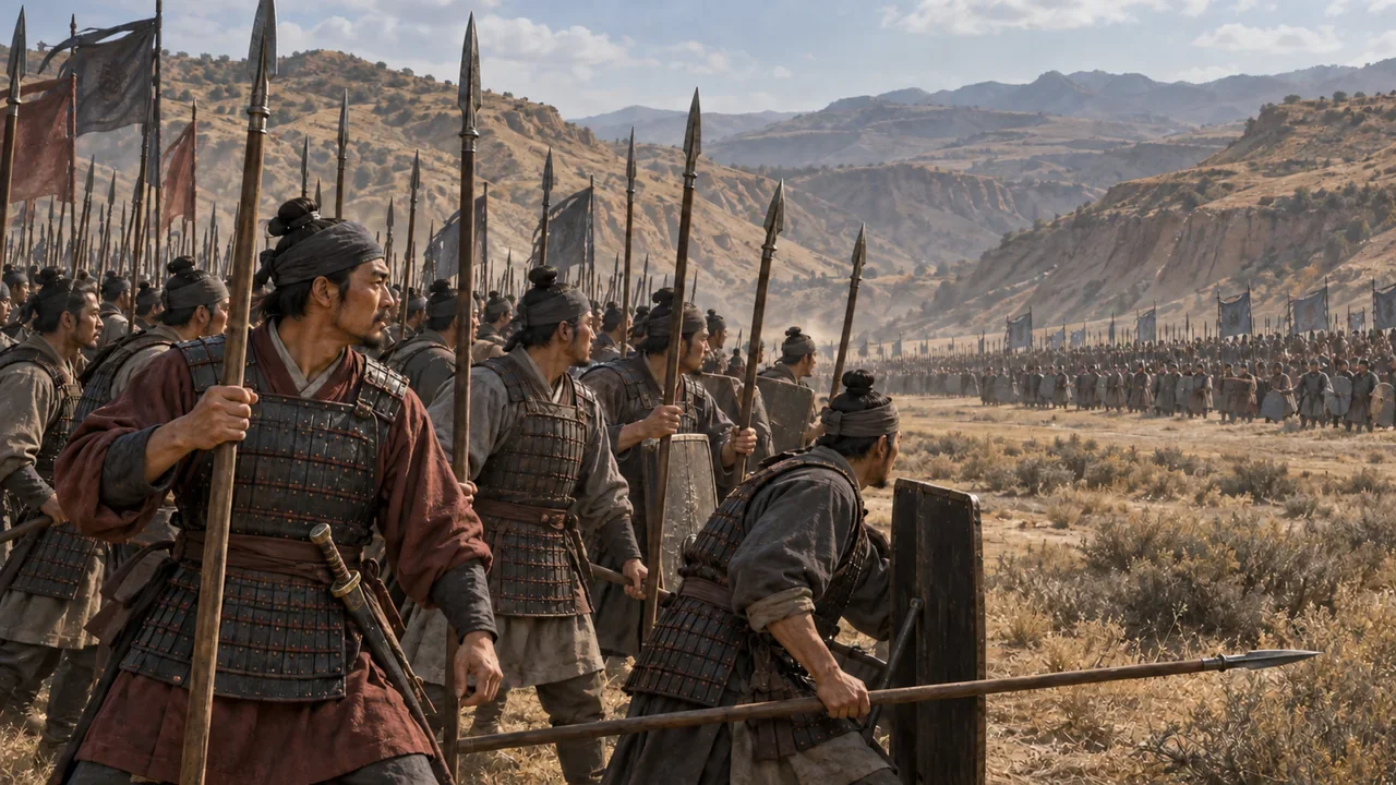 Interpretive illustration of Qin and Zhao infantry with period-inspired armor and bronze weapons amid the hills of northern China.