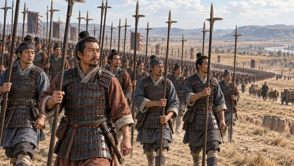 Illustration of Qin infantry in lamellar armor carrying upright spears.