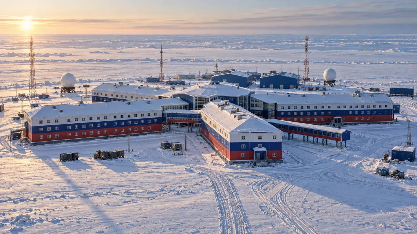Illustration of Northern Clover's connected tricolor buildings, communications masts and radomes in a snow-covered Arctic landscape.