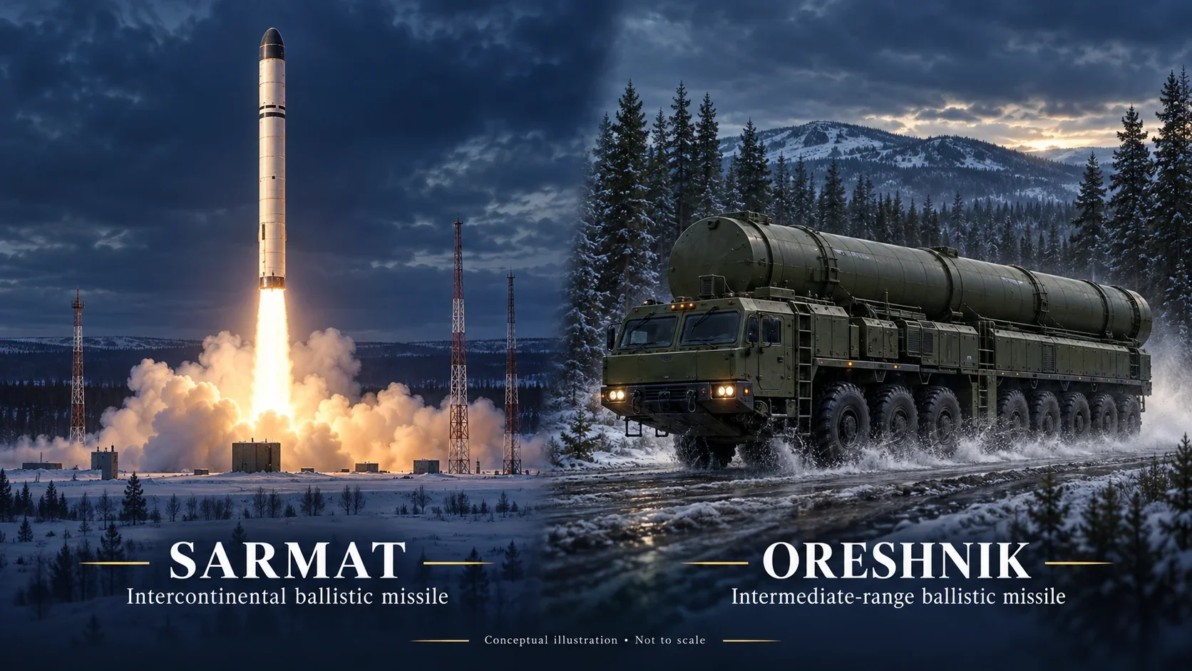 Conceptual illustration of a Sarmat launch beside an Oreshnik missile transporter; the systems are not shown to scale.