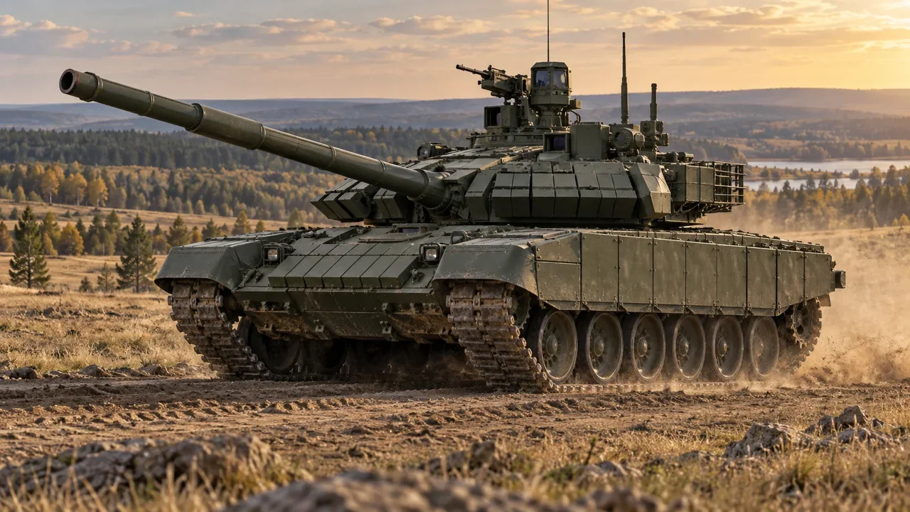 A Russian T-90M Proryv main battle tank crossing open terrain in a three-quarter view.