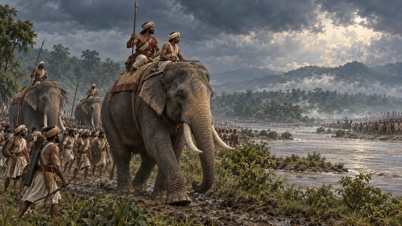 Interpretive illustration of an Indian elephant force with riders near a broad river in the Punjab landscape.