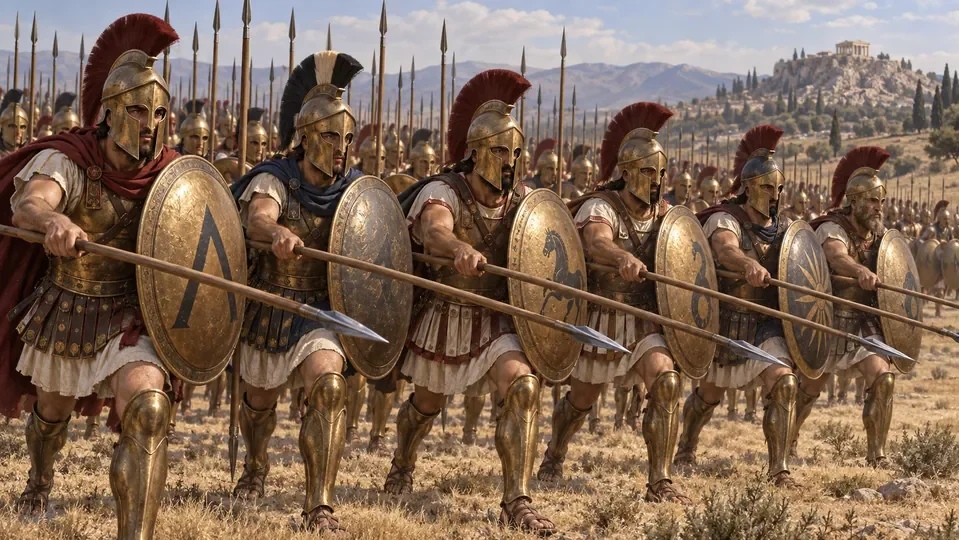Illustration of Greek hoplites in formation with round shields and spears.