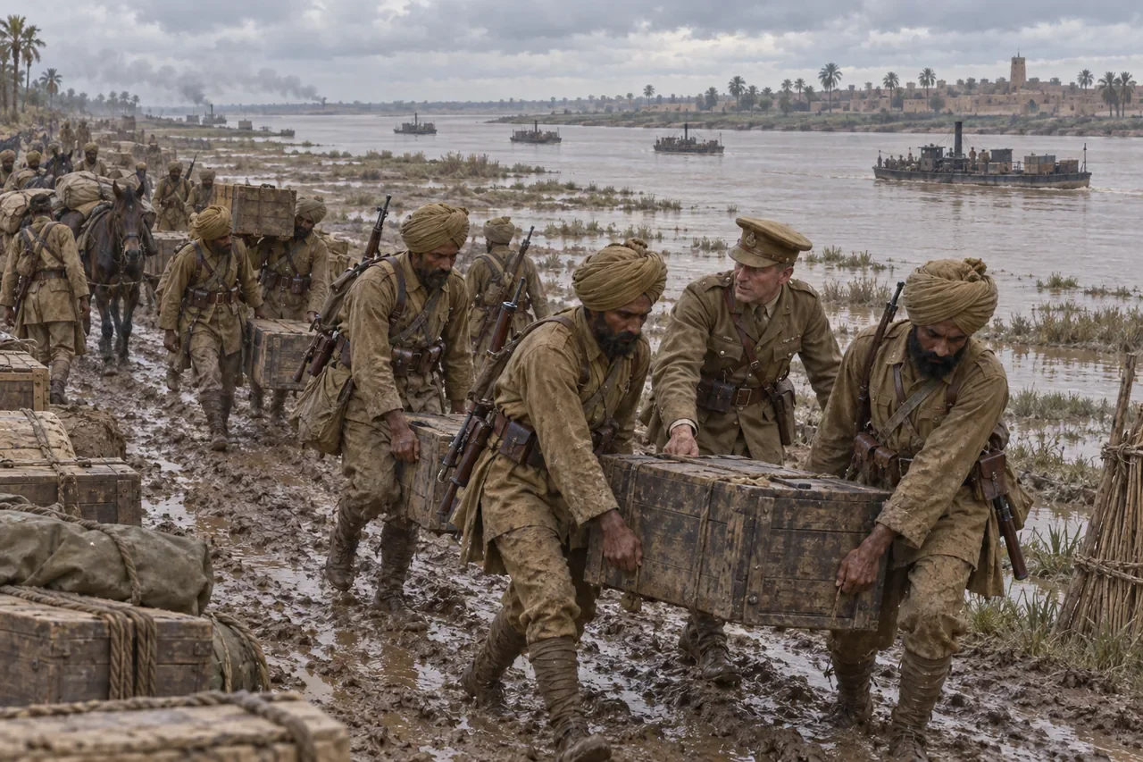 Indian and British troops move supply crates through mud beside the Tigris.