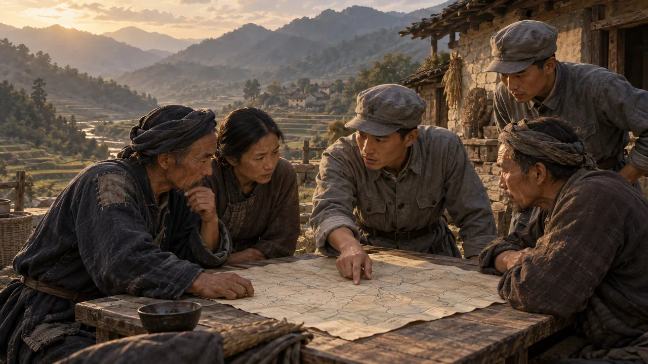 Historical concept illustration of adult Chinese wartime personnel and villagers discussing a map.