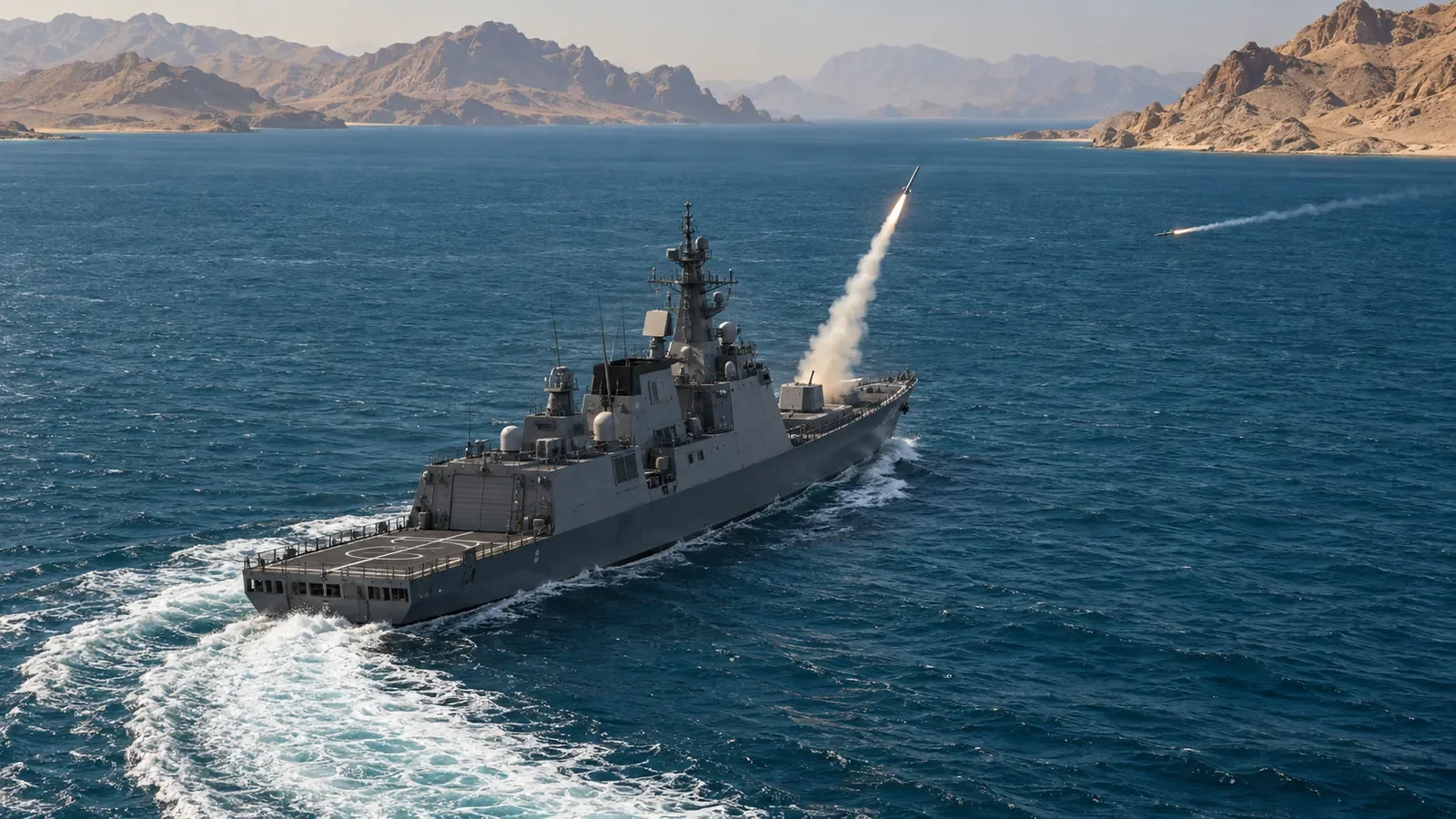 Illustration of naval maneuver and missile defense near a mountainous Persian Gulf coastline